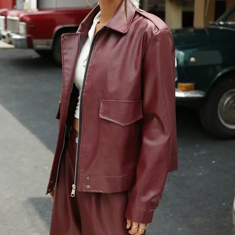 Burgundy Casual Women's Dolman Sleeve PU Oversized Bomber Jacket - Picture 5 of 5